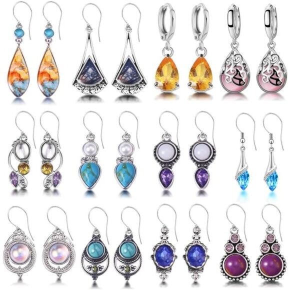 12 Pack‎ Multicolor Crystal Teardrop Earring Statement Drop Dangle Earring Set - Picture 1 of 7